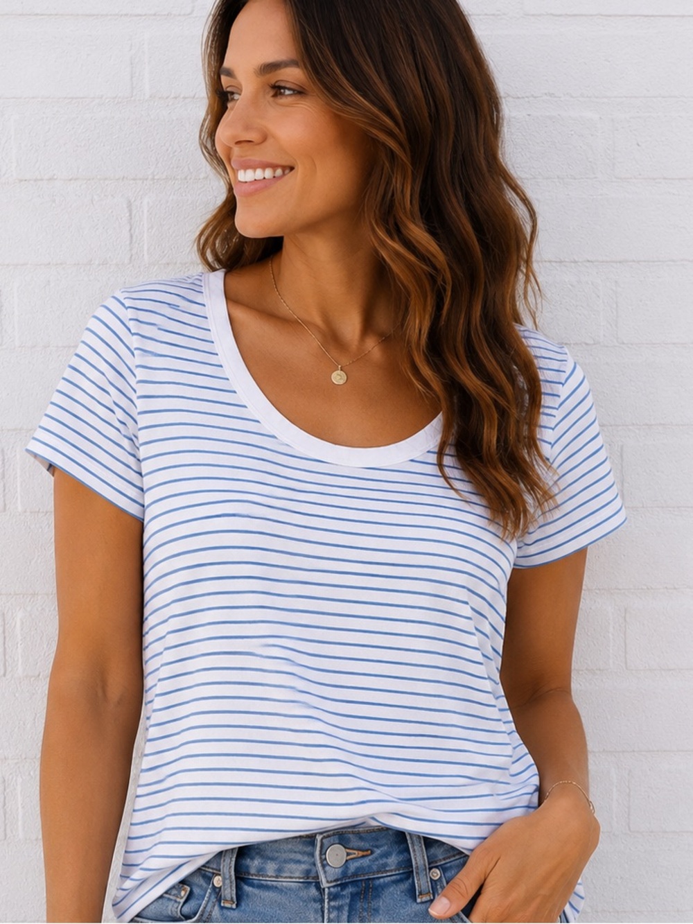 Free Assembly Organic Cotton Blue Stripe Scoop Neck Tee XL Coastal